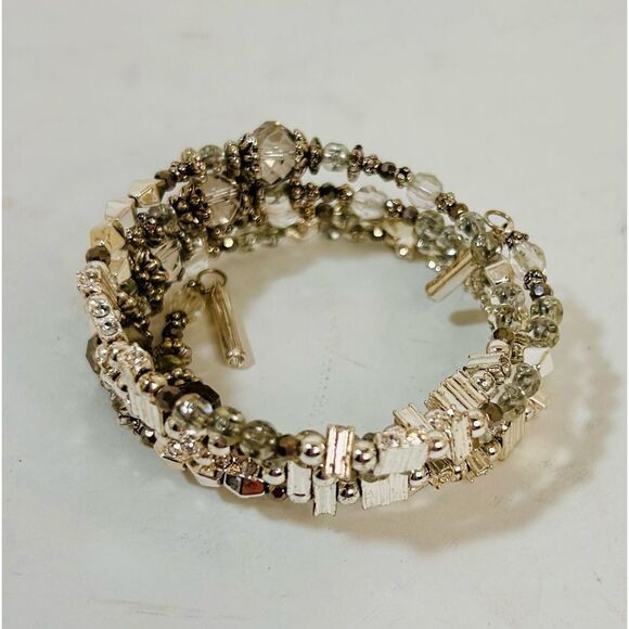 Silver and Gunmetal Beaded Stretch Bracelet Bangle - Picture 9 of 12